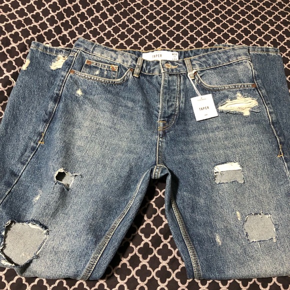 TOPMAN Mens Denim Blue Taper Distressed Jeans Sz 30 X 32 Button Fly - Picture 1 of 9